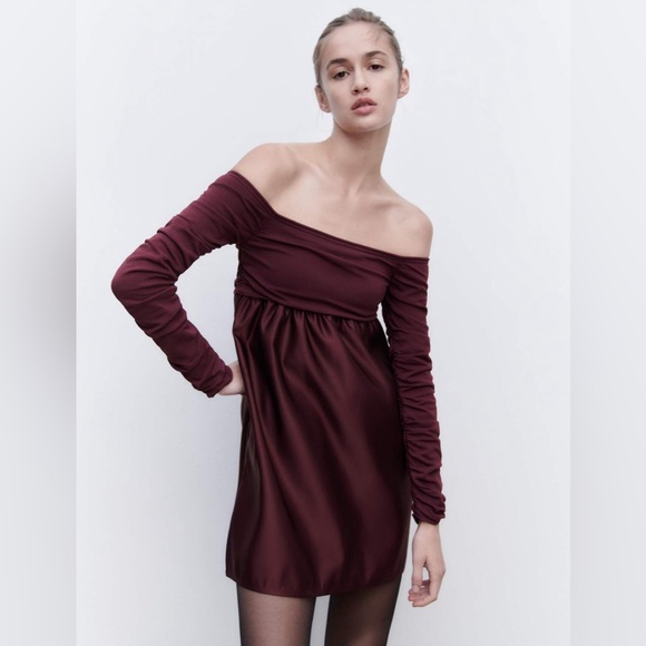 NWOT Zara Burgundy Combination Knit Mini dress Size M Long-sleeve Off Shoulder - Picture 2 of 10